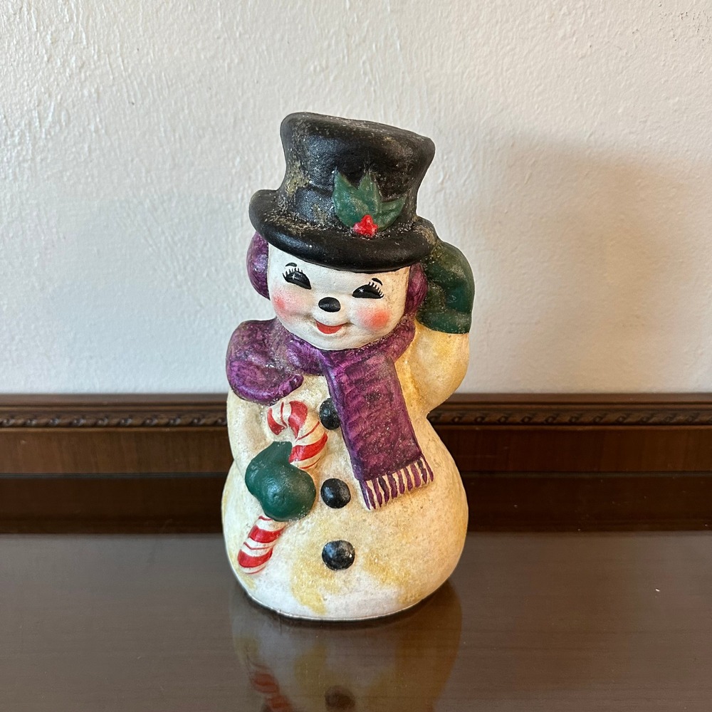 Vtg Shari 98 Hand Painted Snowman Figurine Candy Cane Top Hat 8'' Paper Mache